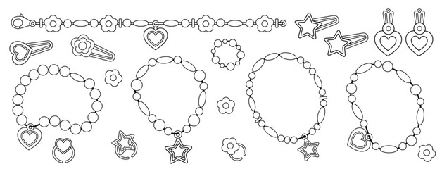 Cartoon bracelets made of beads different shapes. Cute bracelets isolated on white background. Beads bracelets, ring, hairpins,earrings black and white.