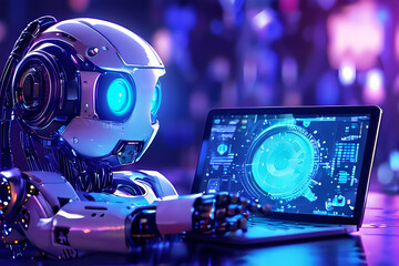 an engaging image of a robot ai assistant offering support depicted with floating gears and a high-tech laptop interface
