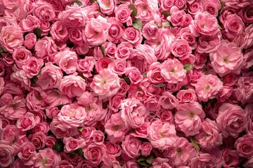 Pink flowers scattered on the ground, creating a colorful display