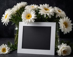 blank condolence template with fresh flowers on the dark background. Empty place for a text