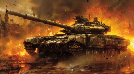 Tank surrounded by soldiers in combat, armored vehicle ablaze, lone soldier with heavy weaponry, green conflict history