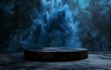 Black background with black stone podium for technical product presentation in front of a powder explosion, concept of robustness and durability