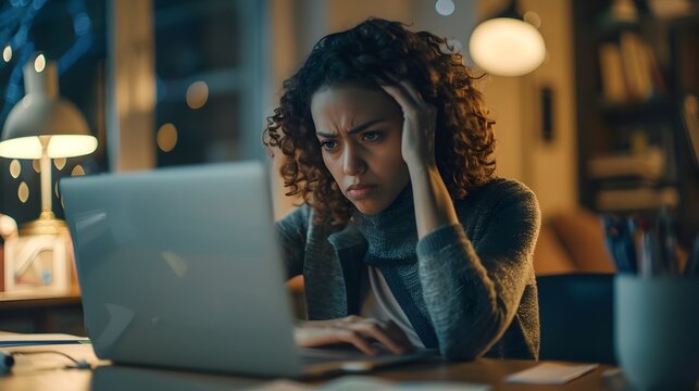 Overwhelmed Woman Pursuing Digital Learning Amidst Modern Work Demands