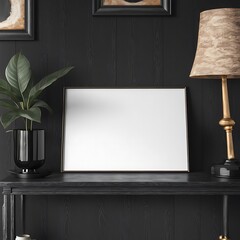 Fototapeta premium Mockup frame in black living room interior with retro decor, 3d render 