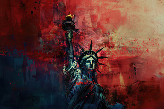 close up horizontal illustration of the statue of liberty in the context of 4th of July celebration, copy space