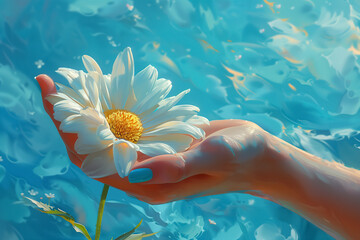 woman hand with blue nails holds a chamomile on blue background - 797528412