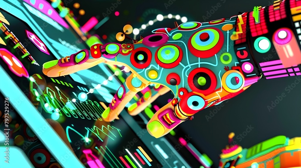 Poster advanced digital hand radiating holographic circuitry and data streams amidst a futuristic computer 