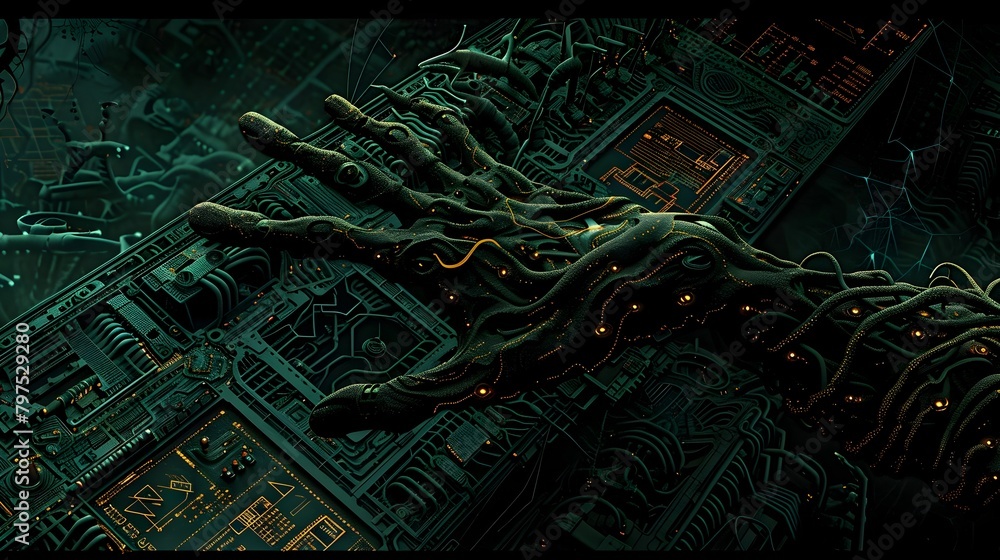 Poster advanced digital hand radiating holographic circuitry and data streams amidst a futuristic computer 