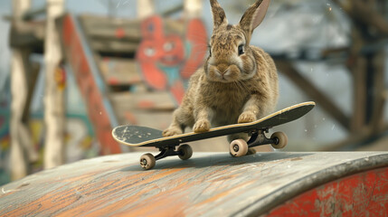 Rabbit cruising down a halfpipe on a skateboard, hyper realistic, low noise, low texture