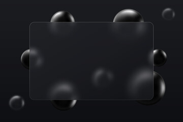 Rectangular glass banner or bank card. Realistic glass morphism effect on a dark background with black spheres.