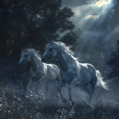 Sinister shadows looming over galloping unicorns, hyper realistic, low noise, low texture