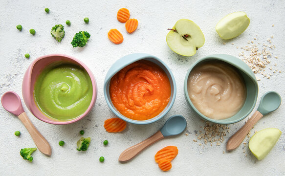 Healthy baby food in bowls