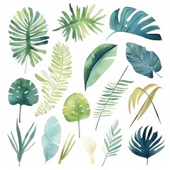 Fototapeta na wymiar Palm leaf silhouettes cut from solid shapes of junglethemed watercolor washes