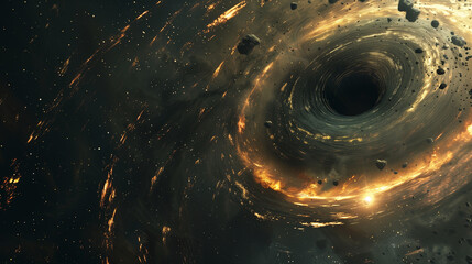 a black hole, with its swirling accretion disk and gravitational lensing effects distorting spacetime.