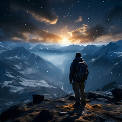 Hiker with backpack on the top of a mountain at night.