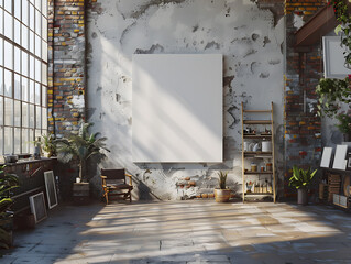 Creative Serenity: Artist's Studio with White Frame Mockup and Natural Lighting