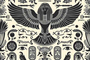 Fototapeta premium Mystical Eye of Horus: Black and White Egyptian Tattoo Pattern with Hieroglyphics