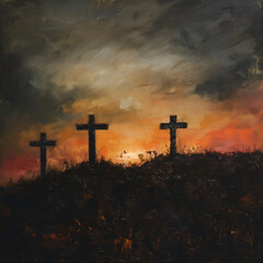  wooden crosses on a hill at sunset.

