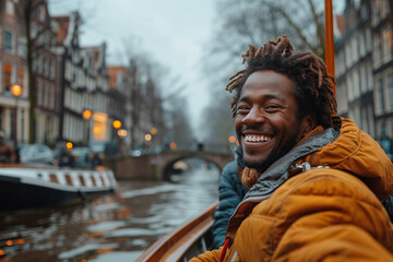 A diverse group of friends enjoying a leisurely boat tour along Amsterdam's picturesque canals, their laughter echoing off historic buildings and quaint bridges.