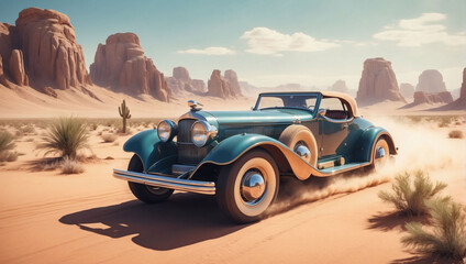 Fototapeta na wymiar Antique car racing through a retro-futuristic desert landscape.