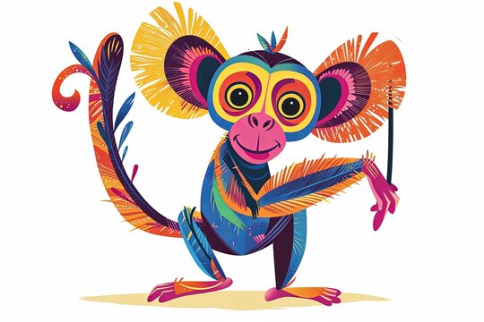 Colorful Cartoon Illustration: Playful Monkey Swinging from Branch