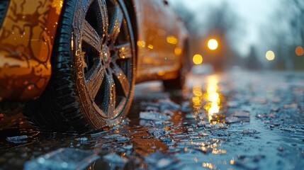 Image of car wheel with flat tire on the road. Illustration of an accident, damage, breakdown. Close-up, selective focus.