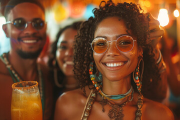 A multicultural group sipping cocktails and dancing the night away at a lively rooftop bar in Rio de Janeiro, their energy and enthusiasm infectious as they celebrate life.