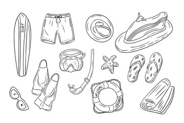 Outline doodle set of beach rest activities. Items for diving, swimming and riding water bike. Monochrome outline stickers. Vector illustration isolated on white background