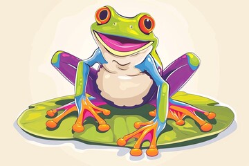 Smiling Frog Cartoon Illustration: Colorful, Exaggerated Eyes, Long Legs, Vibrant Skin - obrazy, fototapety, plakaty