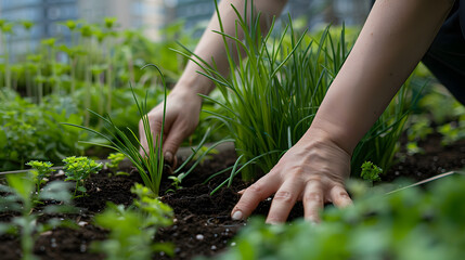 A tight focus on hands planting chive plants in a high-rise garden. with greenery and urban landscape observable behind them. 