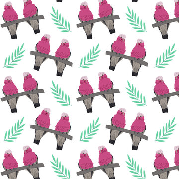Seamless pattern for fabric and textiles. Two pink parrots on a brown branch. Tropical birds and green bamboo branches on a white background. Vector cartoon illustration. Print for a gift bag.
