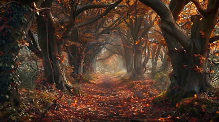 Enchanted Forest Pathway A magical tableau of an enchanting forest path bordered by ancient trees and carpeted with fallen leaves, leading deeper into the heart of the woodland.