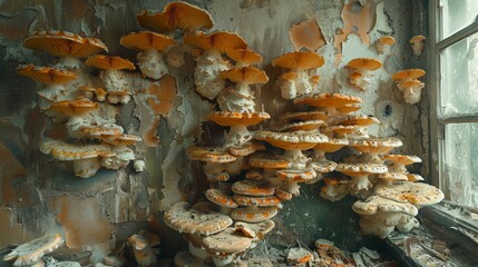 There is a large growing fungus Serpula lacrymans on the walls and floors of a residential building. It is the most destructive fungus attacking wooden elements. - obrazy, fototapety, plakaty