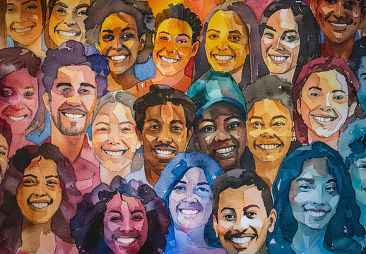 A vibrant watercolor mural on a wall depicts many smiling faces, showcasing diverse cultural elements and vibrant academia in soft-focused realism.