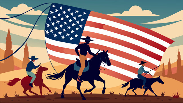 Old Glory waves proudly in the background as cowboys compete in team roping showcasing their teamwork and camaraderie.. Vector illustration