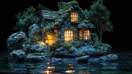 a portrait small miniature house in the darkness in the style of fantasy landscapes