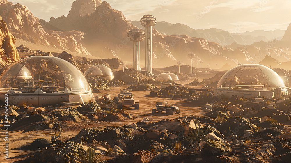 Canvas Prints a Mars colony settlement, showcasing habitat domes, rovers, and human activity on the Red Planet. 