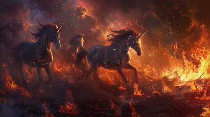 Unicorns surrounded by flames and twisted, demonic landscapes, hyper realistic, low noise, low texture