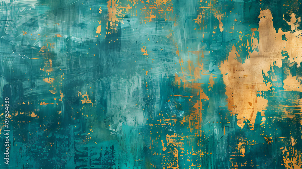 Wall mural a turquoise and gold grunge background texture with large brush strokes