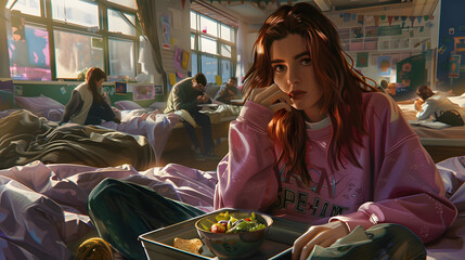 A university girl resting on a dormitory bed. clothed in a pink sweatshirt with her auburn hair flowing freely - obrazy, fototapety, plakaty
