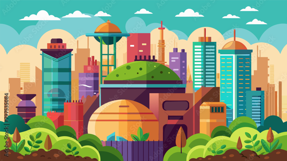 Aufkleber a city skyline with a large composting facility towering in the background showing the scale and imp