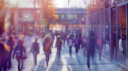 A vague photograph of school students striding in the lane of their broad. chic violet and grey school with striking amber elements and indistinct motion blur enveloping them. 