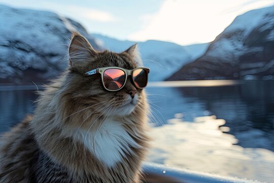 Norwegian Forest Cat in Polarized Sunglasses: Fjord Boat Adventure with Mountain Reflections.