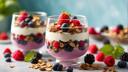 panna cotta with berries avoring Health and Happiness: Delightful Fruit Parfait Infused with Vibrant Berries, Creamy Yogurt, Crunchy Granola, and Fresh Mint Leaves, A Guilt-Free Indulgence to Nourish 
