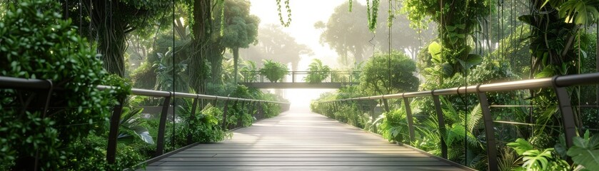 A bridge over a forest with trees on either side