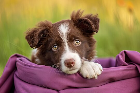 Brown and White Border Collie Puppy in Purple Fabric Hamper - Silky Fur Meadow Portrait