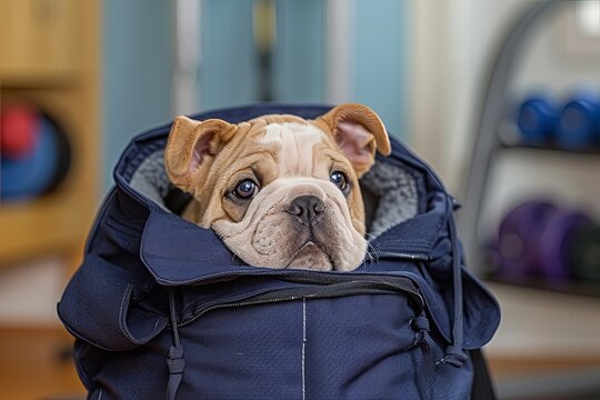 Humorous Bulldog Puppy in Navy Sports Bag on Gym Background - High-Resolution Photo