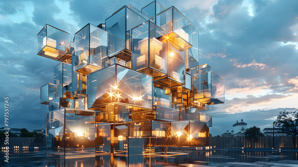 Poster a vibrant crystal structure with multiple levels of cubic compartments for high-end living. each ape
