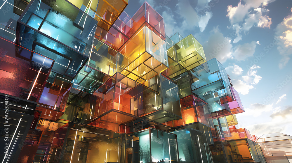 Aufkleber a vibrant crystal structure with multiple levels of cubic compartments for high-end living. each ape