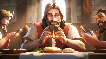 Cartoonish Jesus Blessing the Table with Hebrew while Reading, Creating a Humorous Scene